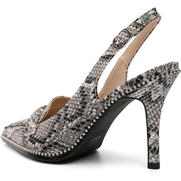 Women Snake Print Stiletto Beaded Pointed Toe Slip On Loafers Slingback Heels - Picture 6 of 7